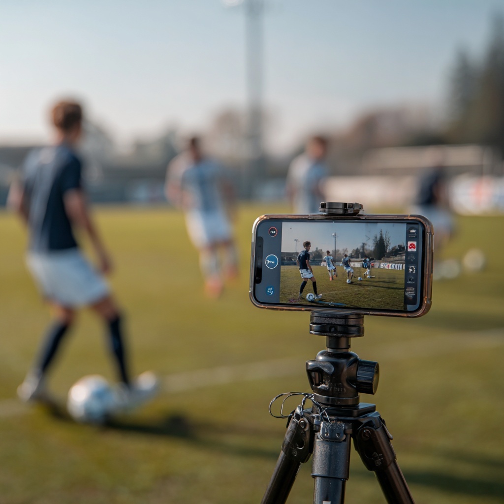 Phone on a tripod recording a youth soccer practice — LevelUp captures the action so AI can score it