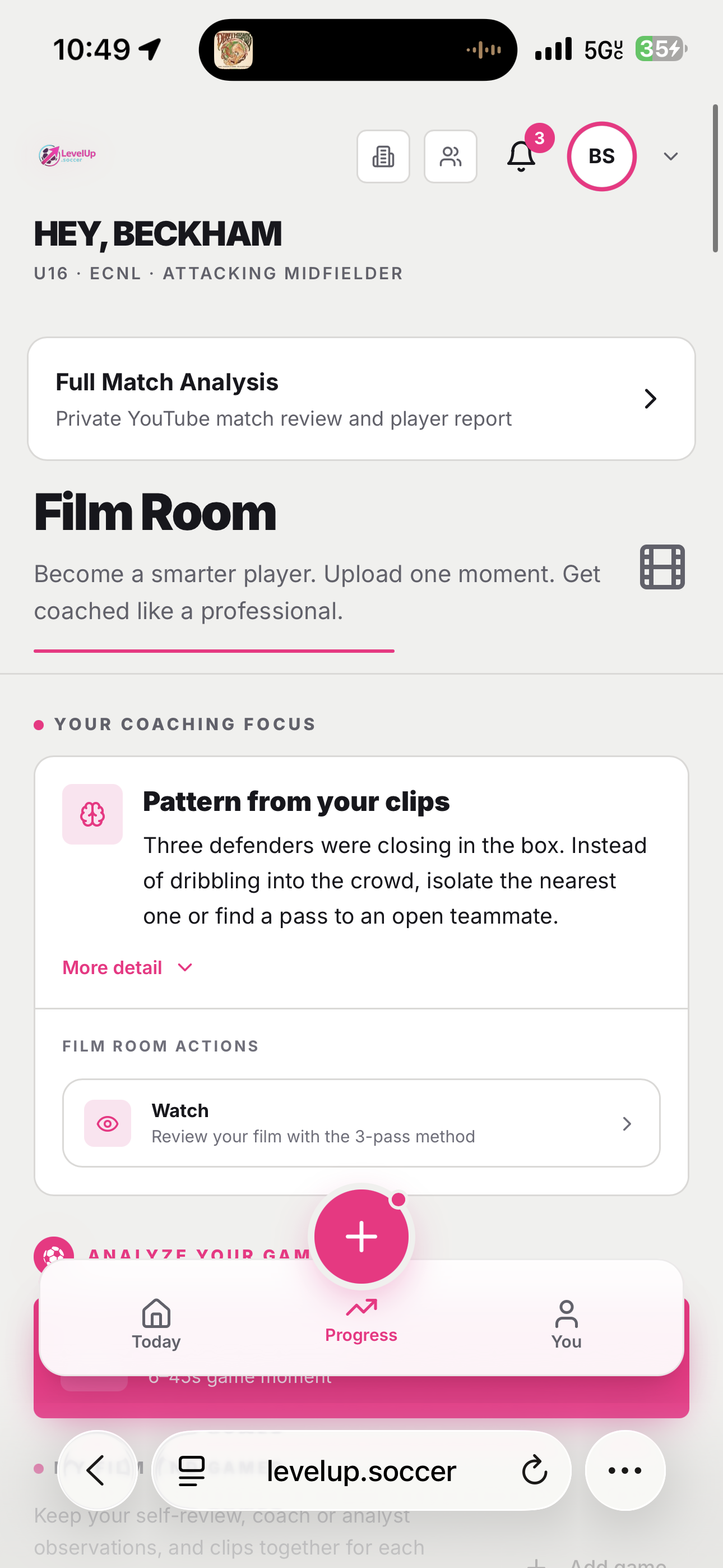 LevelUp Film Room showing a player's match analysis and AI coaching focus