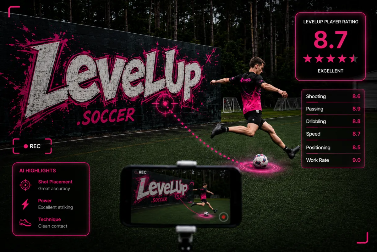 LevelUp.soccer breakdown: a player striking a soccer ball filmed on a phone, with an AI player rating of 8.7 and skill scores for shooting, passing, dribbling, speed, positioning and work rate
