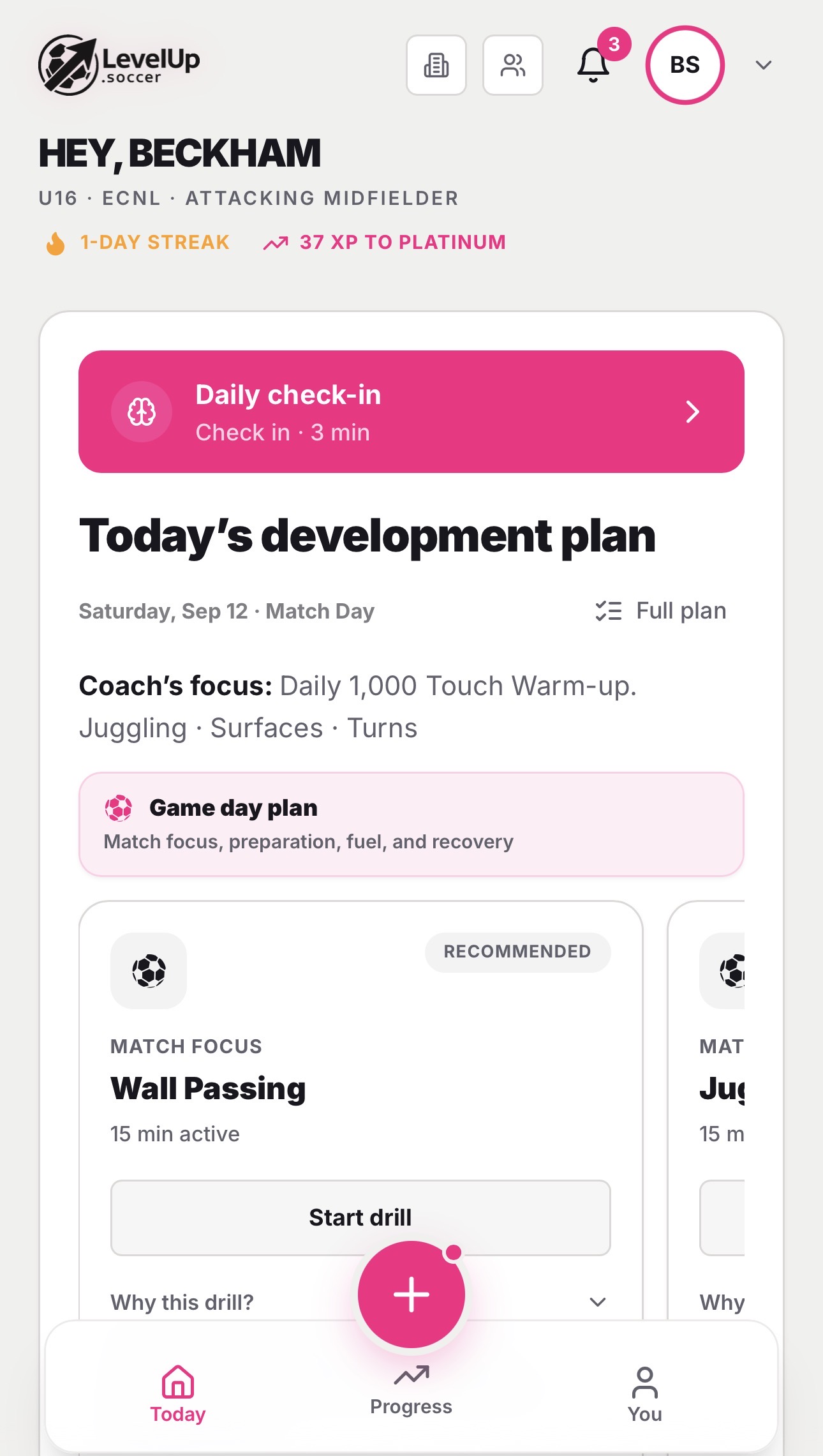 LevelUp dashboard with today's daily check-in and player development plan
