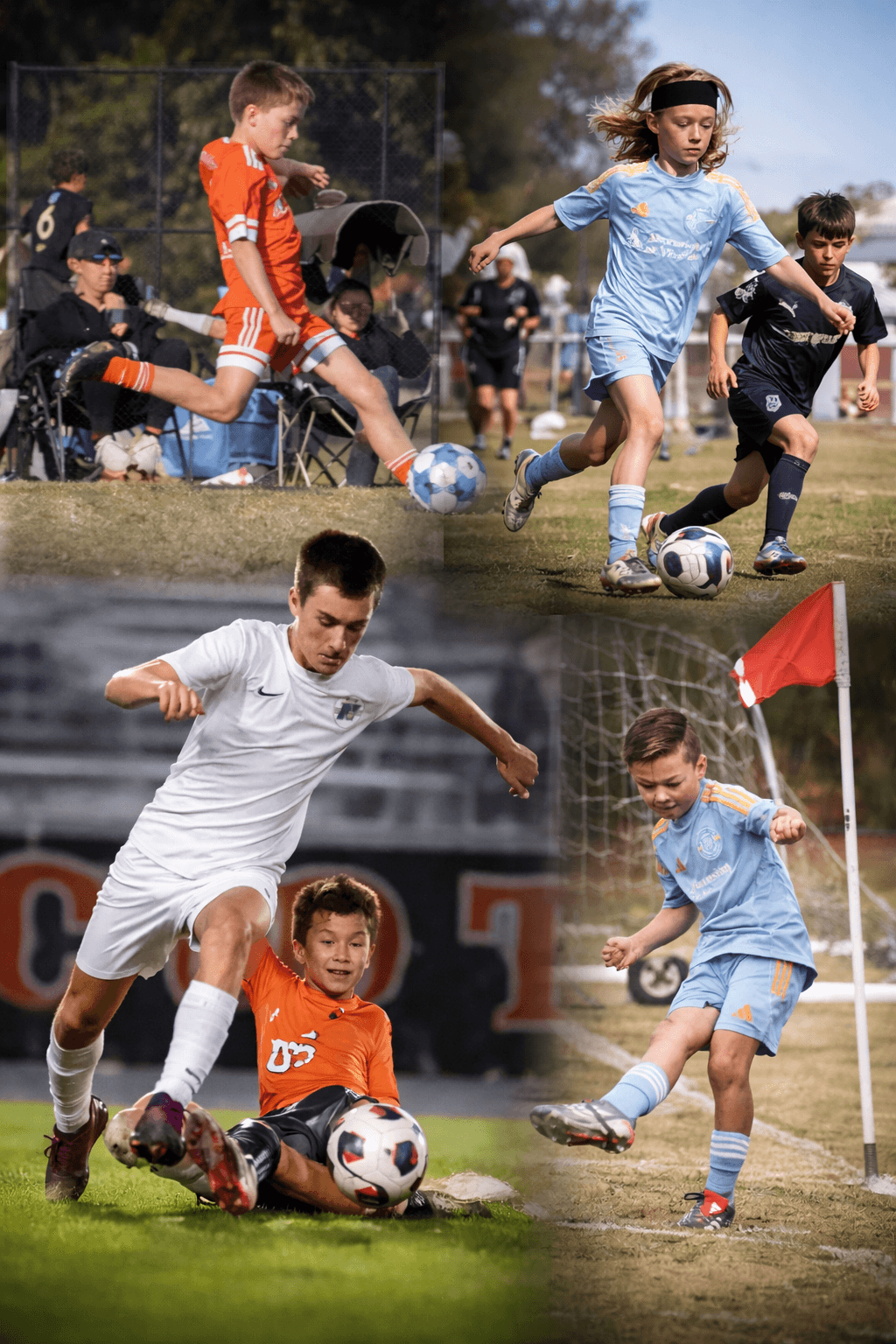 Four competitive youth soccer players in action